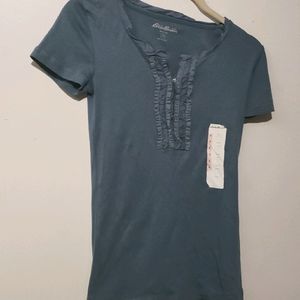 NWT Eddie Bauer Womens Ruffle Neck Peasant Top Size S